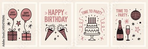 Birthday and Party Themed Illustrations with Balloons Gifts Cake and Champagne