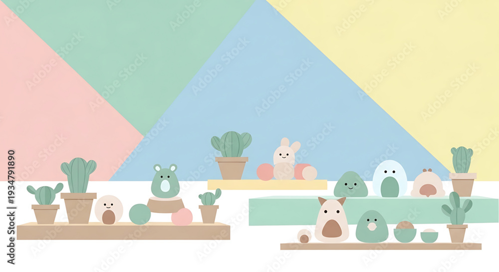 Fototapeta premium A colorful vector illustration of cute cartoon cacti and animals on shelves against a pastel geometric background