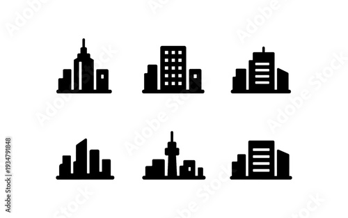 Collection of six distinct black building icons representing diverse city skylines