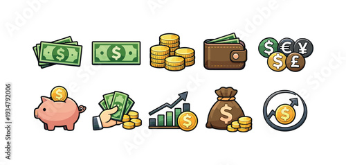 Finance flat icon set. money, currency, banking icons in flat style for financial apps