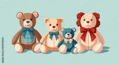 A colorful illustration of four cute teddy bears sitting together on a light blue background