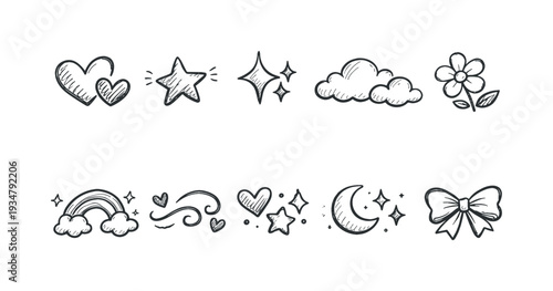 Cute doodle icon set featuring clouds, stars, hearts, and moon in outline style design