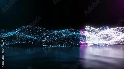 Dynamic visualization of seamless data integration and advanced futuristic technology, represented by an evolving wave of glowing digital particles