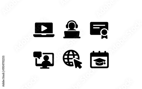 Set of icons representing online education, e-learning, and digital learning concepts