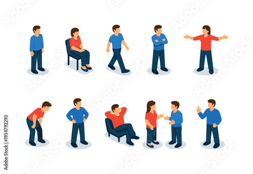 People communication isometric icon set. gesture, interaction, body language icons