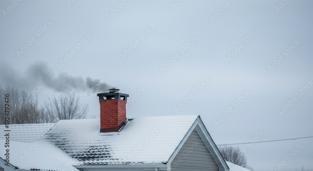 Fototapeta premium Snow-covered house roof with brick chimney emitting smoke under an overcast winter sky