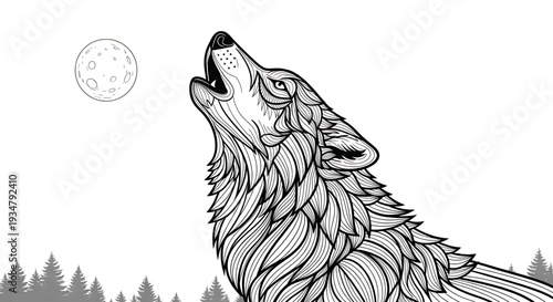 A black and white illustration of a wolf howling at the moon in a forest