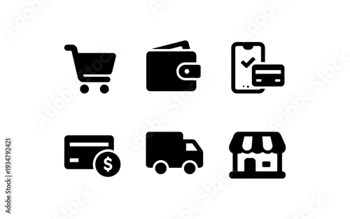Collection of e-commerce icons representing shopping cart, wallet, mobile payment, and delivery
