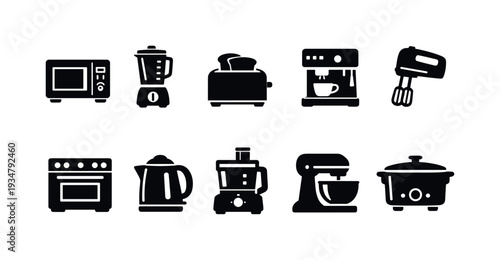 Kitchen appliances solid icon set. essential cooking, baking icons collection.
