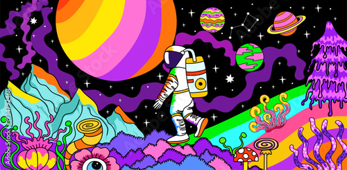 Space Exploration Psychedelic trippy landscape background.