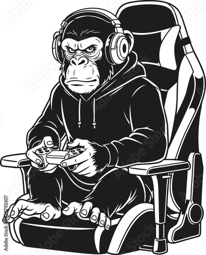 Gorilla wearing headphones and gaming controller sitting in chair monkey
