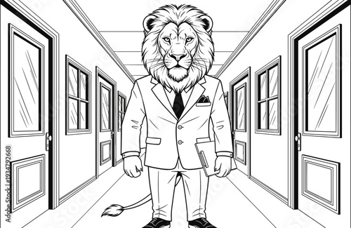 Lion in business suit standing in long white corridor with doors hallway