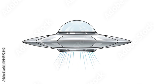 A futuristic silver UFO flying through the air with a glowing dome on top