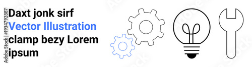 Innovation, mechanical tools, technology, brainstorming, repair, engineering concepts. gears, light bulb and wrench illustrations. Innovation and mechanical tools