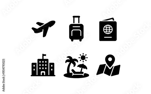 Collection of travel icons including airplane, luggage, passport, hotel, beach, and map