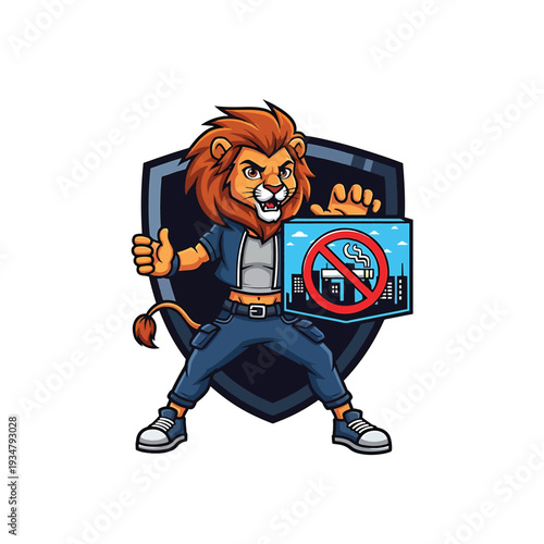 Lion mascot holding no smoking sign and urban skyline