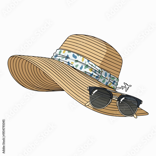 Straw sun hat with floral band and sunglasses summer beach vacation accessory stylish travel gear for sun protection and fashion