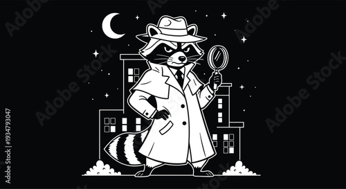 Raccoon detective in trench coat and fedora hat holds magnifying glass at night