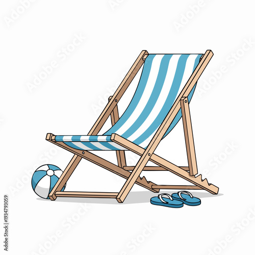 Striped beach chair with ball and flip flops illustration summer vacation themed vector graphic for travel and holiday concepts