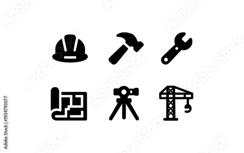 Collection of construction and engineering icons including hard hat, hammer, wrench, blueprint, and crane