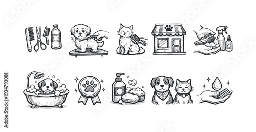 Pet care doodle icon set. grooming, veterinary, shop, and hygiene backgrounds