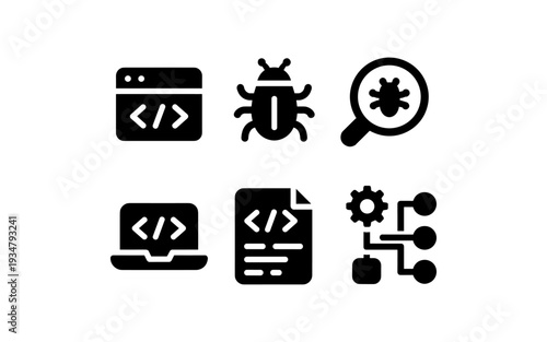 Software development icons representing coding, debugging, and workflow processes