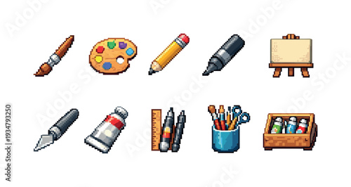 Art tools pixel icon set. creative, drawing, painting, art supplies pixel collection