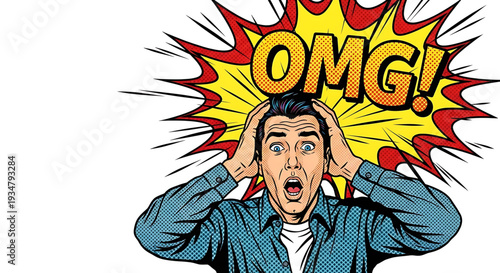 A cartoon man with a shocked expression and his hands on his head, surrounded by a comic book-style explosion with the words 'OMG!'