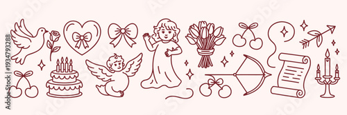 Valentine's Day Doodle Art With Cupid, Heart, And Flowers love