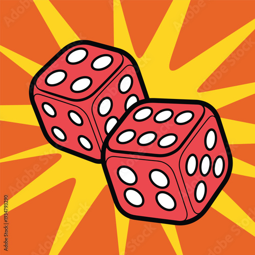 Two Red Dice with White Dots on a Yellow and Orange Starburst Background gambling game