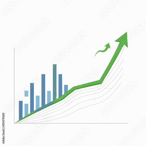 Upward trending bar graph and green arrow rising sharply on a coordinate plane showcasing business growth and positive market trends