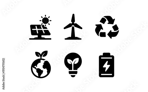 Set of icons representing renewable energy sources and environmental protection concepts