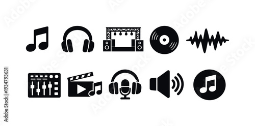 Music and audio solid icon set. sound, music production, and recording icons collection