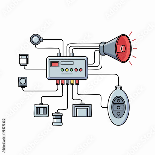 Vector alarm system illustration featuring control panel siren remote and sensors for home security technology graphic