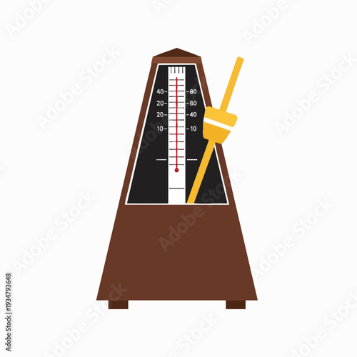 Vector graphic illustration of a brown metronome with a swinging pendulum providing a rhythmic beat for musical tempo practice
