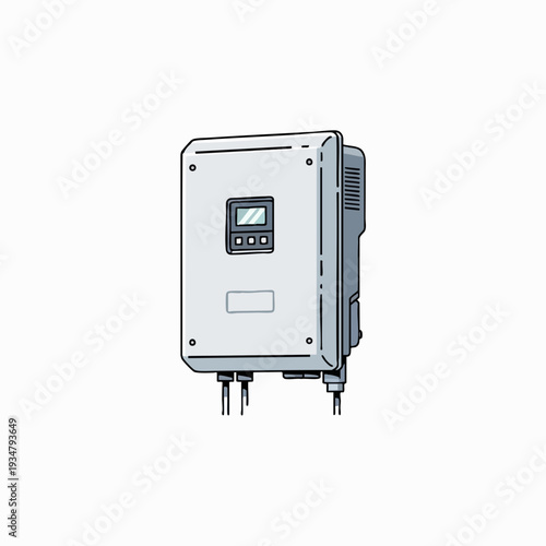Vector drawing of a residential solar inverter with display screen and wiring isolated on white for energy efficiency and home power solutions