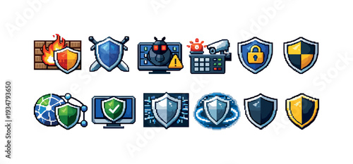 Cybersecurity, protection icon set. technology, security, privacy icons pixel art style.