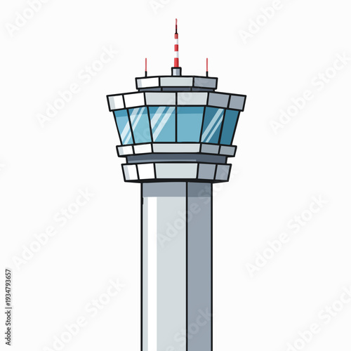 Vector graphic illustration of a gray airport control tower with a blue glass observation deck and antenna against a white background