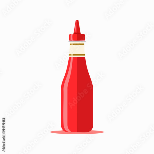 Vector graphic of a red ketchup bottle with a pointed nozzle and gold label isolated on white for condiment illustration and design use