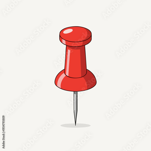 Vector illustration of a shiny red push pin with a sharp metal point ideal for office and creative projects; clip art style