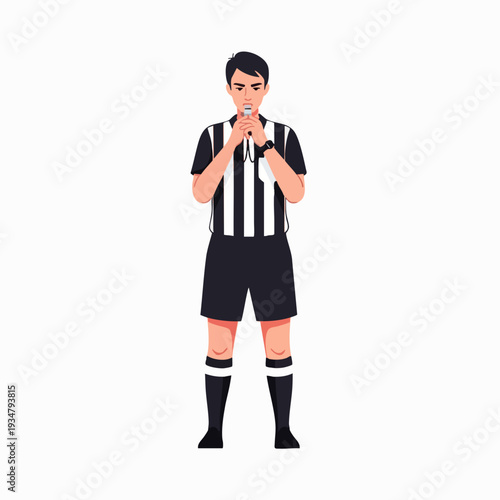 Vector illustration of a soccer referee blowing a whistle in black and white striped uniform; cartoon style for sport themed designs