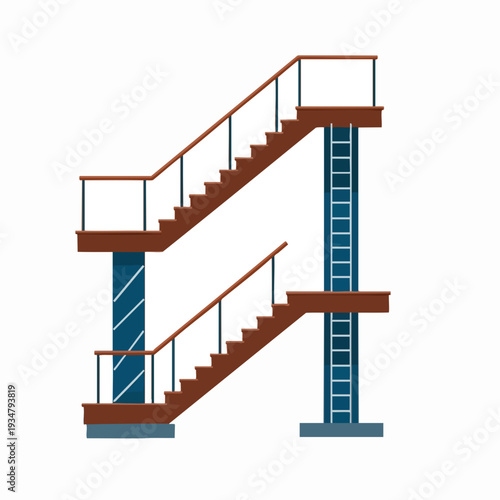 Vector illustration of a staircase with wooden steps and railings leading to upper platforms; architectural design element for building access