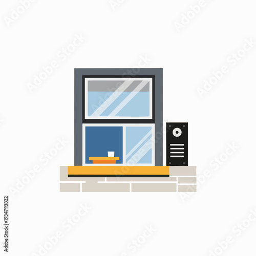 Vector illustration of a window with a plant on the ledge and an intercom next to it perfect for design elements and architecture projects