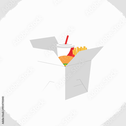 Vector illustration of fast food takeout box with burger fries and drink isolated on white for easy use in menus and creative designs