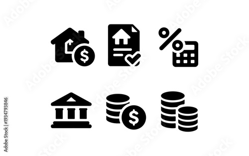 Financial icons representing home loan, banking, and investment concepts