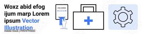 Prescription form, first aid kit with cross symbol, and gear icon symbolizing healthcare, medical services, or system optimization. Ideal for medicine, technology, innovation, health management tech