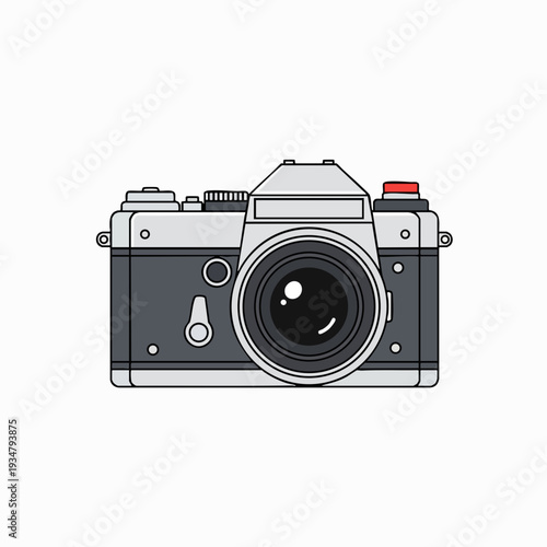 Vintage film camera illustration showcasing classic photography equipment; detailed retro design with silver and black coloring perfect for design projects