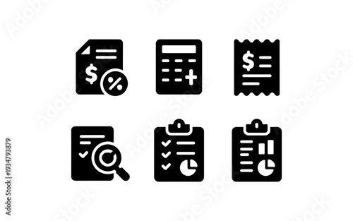 Financial and business icons representing accounting, analysis, and planning tasks