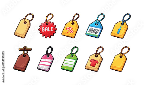 Shopping sale pixel icon set. retro, discount, price tag icons in pixelated style.