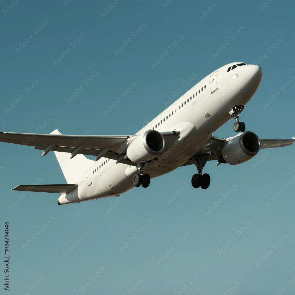 Fototapeta premium Commercial passenger airplane taking off into clear blue sky